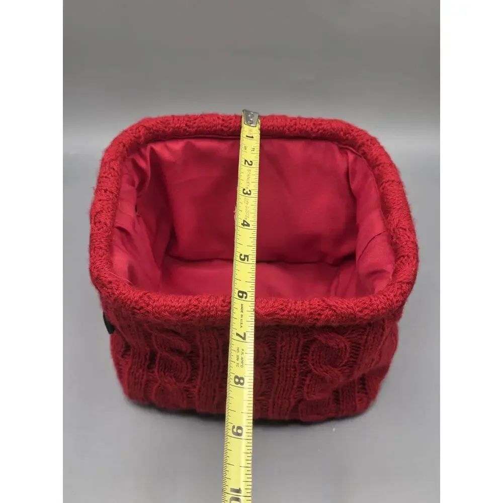 Target Threshold Holiday Red Cable Knit Storage Basket Faux Leather Handle Small
